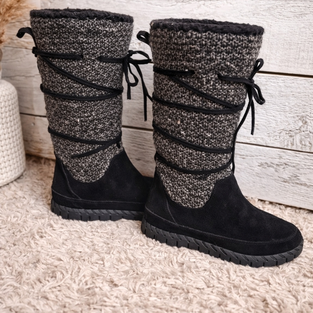 Muk Luks Tall Knit Winter Boots Black Gray Size 7 Cozy Warm Boots - Picture 1 of 4